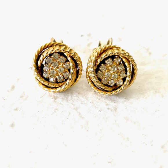 Gold Clip on Earrings Vintage Gold Rope Swirl Rhinestone Clip on Earrings 1950s - Picture 2 of 5